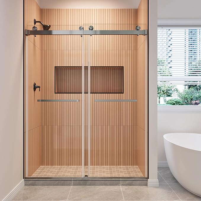 56-61" W x 79" H Frameless Shower Door, Double Sliding Glass Shower Door with 3/8" (10mm) SGCC Tempered Glass, Dual 304 Stainless Towel Bars Bathroom Shower Glass Door (Gunmetal)