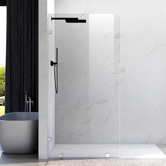43" W ×80" H Shower Glass Panel, Frameless Fixed Glass Shower Panel with Clamps, 3/8" (10mm) Thick Clear Certified Tempered Shower Door, Bathroom Shower Screen in Brushed Nickel UKH07B2-43X80-BN