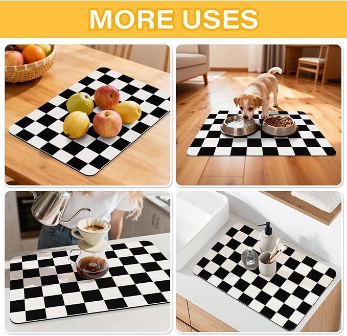 Checkered Dish Drying Mat for Kitchen Counter Coffee Mat Bar Accessories,Absorbent Easy Clean (Black, 19" x 12")