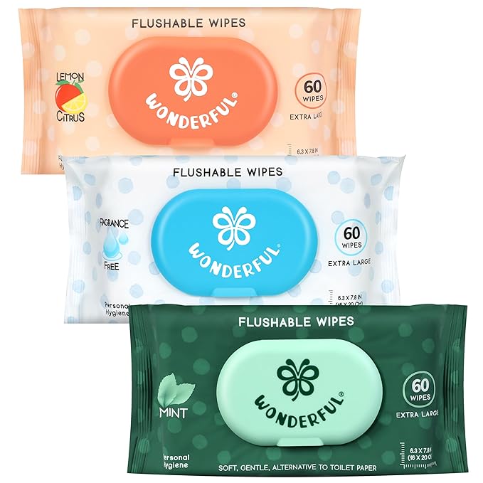 WONDERFUL Flushable Butt Wipes, Variety 100% Plant-Based Wet Wipes for Adults & Kids; Sewer, Septic Safe; Gentle on Sensitive Skin, Wipes Flushable Pack for Bathroom & Travel, 3-Pack (180 Counts)