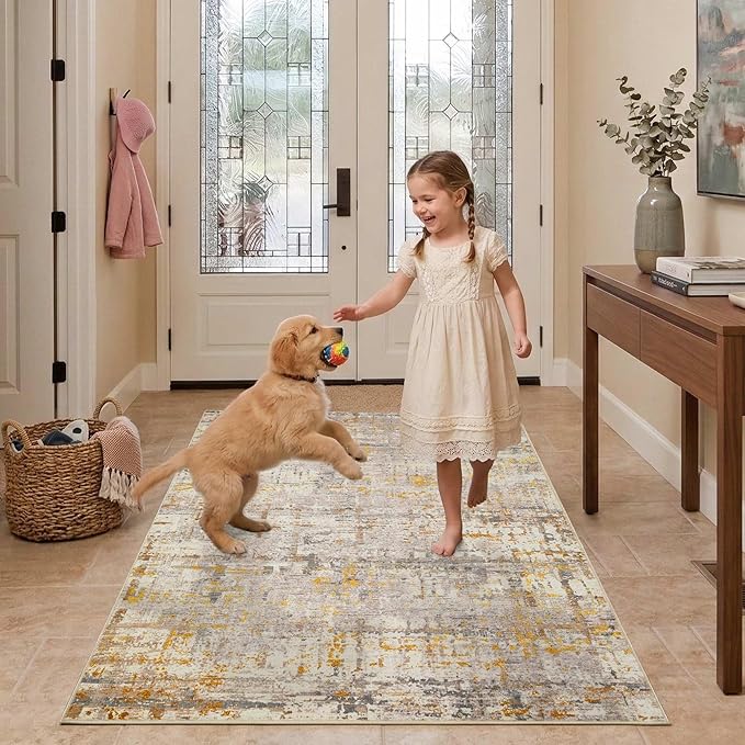 3x5 Washable Entryway Rug, Non Slip Boho Runner Rugs for Hallway, Entrance, Kitchen, Bathroom, Laundry Room, Soft Entryway Carpet, Throw Low Pile Retro Imitation Wool Carpet, Gold Beige