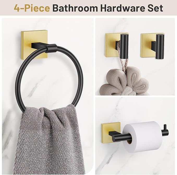 Towel Ring Set 4 Piece Bathroom Hardware Set Includes Towel Ring 2 Towel Hooks and Toilet Paper Holder Stainless Steel Wall Mounted (Black Gold)