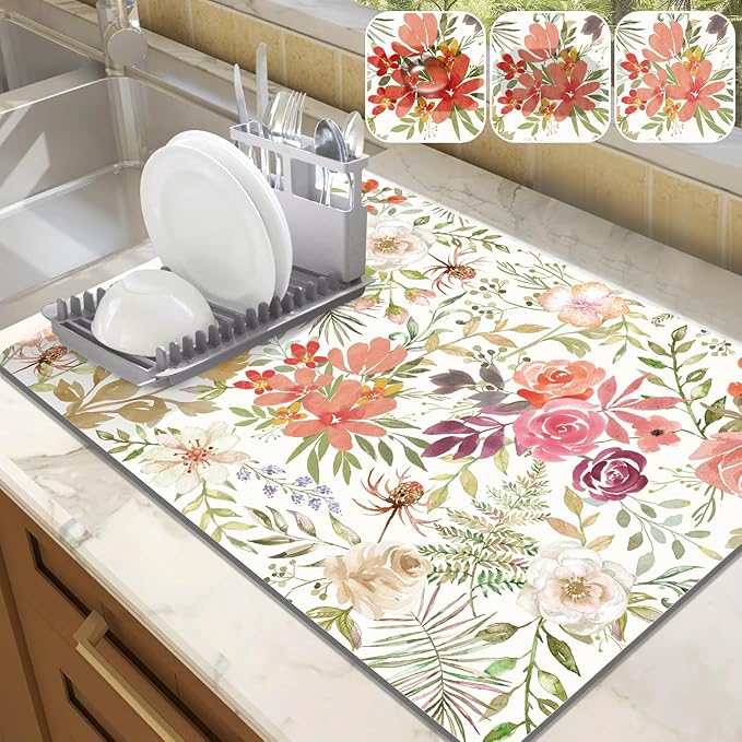 LOKHOM Dish Drying Mat for Kitchen Counter, 18"x24" Absorbent Coffee Bar Mat with Pink Roses Petals, Dish Drainer Rack Mat for Kitchen Counter and Dining Room Decoration