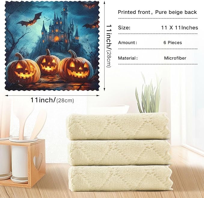 ALAZA Kitchen Towels Halloween Pumpkins Castle Flying Bat Dish Towels Multipurpose Reusable Dish Cloths Soft Cleaning Cloth Kitchen Accessories Set of 6,11"x11"