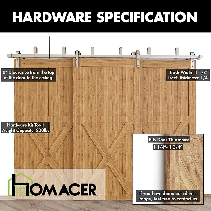 Homacer Brushed Nickel Double Track U-Shape Bypass Sliding Barn Door Hardware Kit, for Three Doors, 6.6ft Long Flat Track, Classic Design Roller