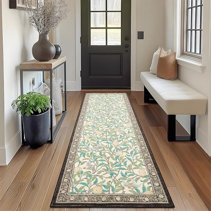 GarveeHome 2x6 Runners for Hallways Non Slip, Boho Leaf Kitchen Runner Rug Washable Rugs for Bedroom, Low Pile Soft Beige Runner Botanical Bird Rug for Dorm Entryway Laundry Room Bedroom