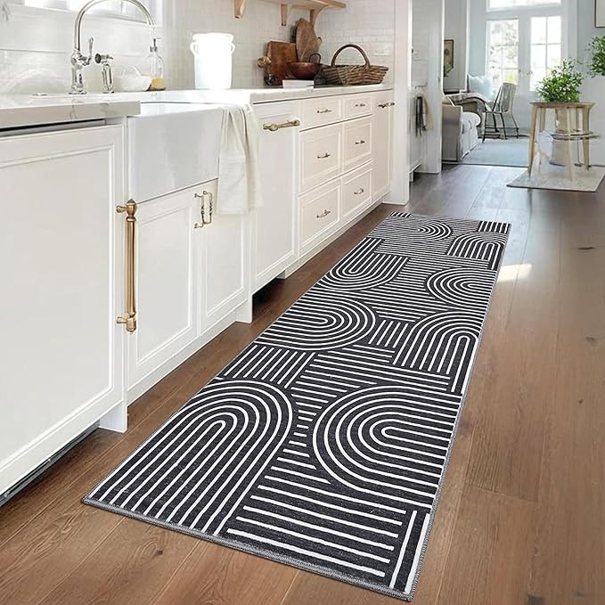 Modern Rug 2.5x8 Runners for Hallways, Abstract Kitchen Runner Rugs Non Slip Bath Runners, Rainbow Washable Runner Rug for Bedroom, Soft Long Rugs for Entryway Bathroom Laundry Dorm, Black