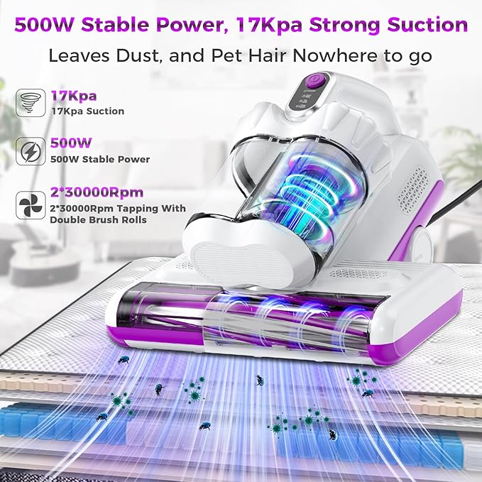 winterbear Mattress Vacuum Cleaner, 17Kpa Suction 500W High Power Handheld Roller-Type Bed Vacuum Cleaner with U-V-C Light & High Heating & Ultrasonic Tech, 2 * 30000Rpm Brush Rolls, Corded, White