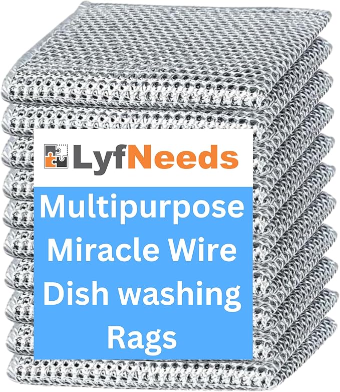 Non Scratch Wire Dishwashing Rag, 8 Pack Double Layer Reusable Wire Dishcloth, Silver Mesh Metal Cleaning Cloth for Pots, Pans, Sink, Steel Cookware, Wet & Dry Cleaning