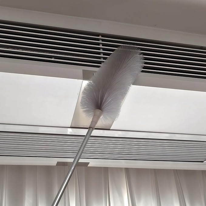 8FT Long Gutter Guard Cleaner, 2 in 1 Cobweb Duster with Extension Pole,Medium Stiff Bristles Ceiling Fan Brush,Good to Remove Leaves Off the Roof/Gutter Guard, Spider Webs Under the Eave/Rafter, Gray