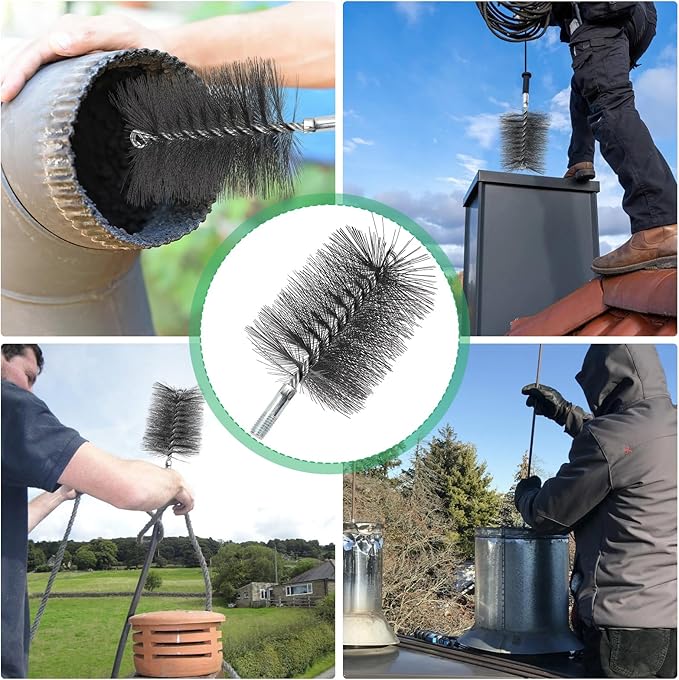 4" Chimney Steel Cleaning Brush with 1/4" Metric Thread Fitting for Insulated Chimneys, Stainless Steel or Metal Stove Pipes, Works with Most Chimney Rod Sets (4 Inch)