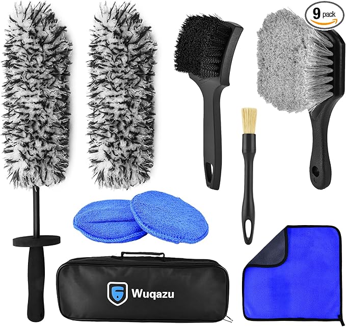 9PCS Pro Wheel & Tire Cleaning Kit - Flat Replaceable-Head Brush, Pocket Dual-Material Pads, Dual-Bristle Brushes, Boar Hair Detail Brush & Towel | Scratch-Free for All Vehicles
