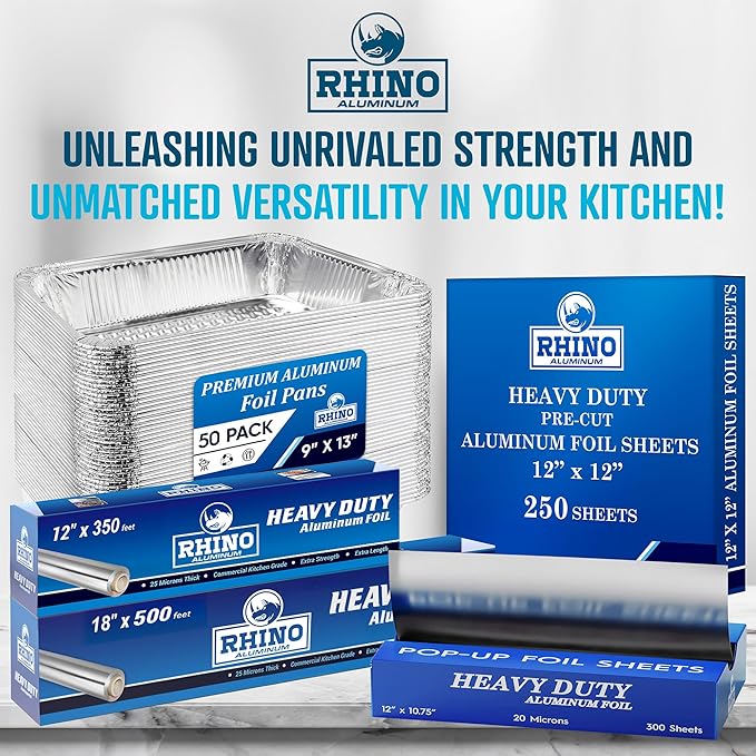 Rhino Aluminum Foil Heavy Duty 18 x 525 sf - (Pack of 4) Foil Aluminum Roll, 25 Microns Thick - Commercial Grade & Extra Thick, Strong Enough for Food Service Industry