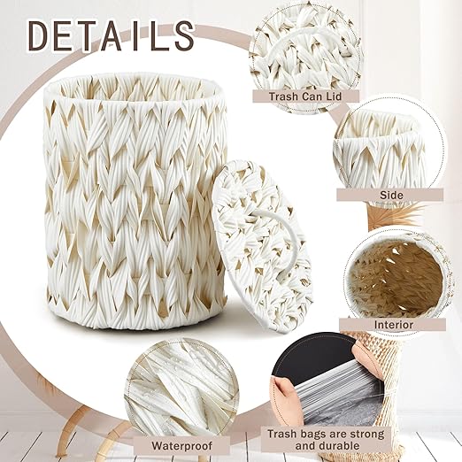 Ctosree 1.3 Gallons Small Trash Can with Lid Handle Boho Woven Braided Bathroom Waste Basket Trash Can with 100 Garbage Bags for Bedroom Office Laundry(Cream White,Braided Polypropylene,Round)