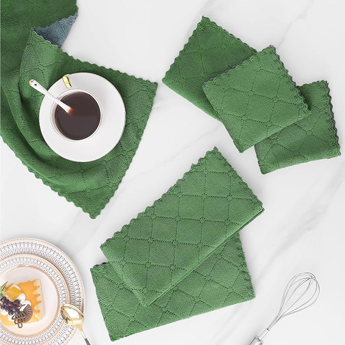 Mordimy 24 Pack Kitchen Cloths Dish Towels (10" x 10", Dark Grey & Grass Green), Super Soft and Absorbent Dish Cloths, Coral Velvet Microfiber Cleaning Cloth, Nonstick Oil Fast Dry Dishcloths