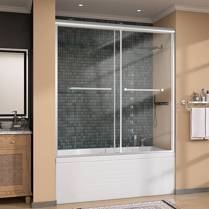 GETPRO Tub Shower Door 56-60 in. W x 62 in. H Double Sliding Bathtub Door for Shower,Semi-Frameless Bypass Glass Shower Doors for Bath Tub with 5/16 inch Tempered Glass Brushed Nickel
