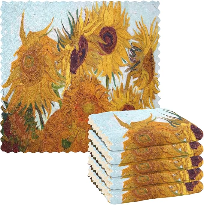 ALAZA Van Gogh Sunflower Dish Cloths Super Absorbent Kitchen Towels Lint Free Bar Tea Soft Towel Set of 6, 11"x11"