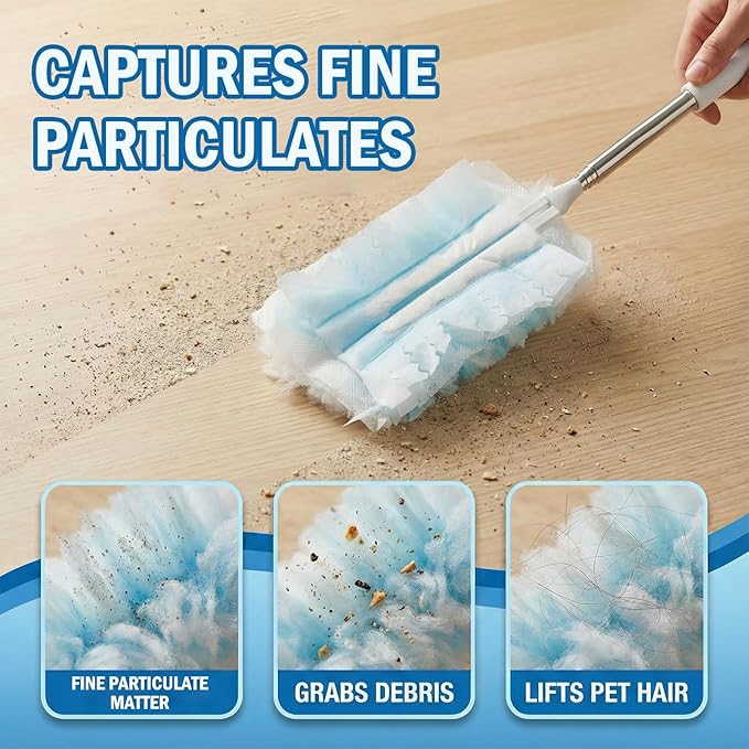 61 Pack Heavy Duty Duster Refills with Extendable Handle, Disposable Duster Refills for Corner, Blinds & Ceiling Fans, Compatible with Most Handles