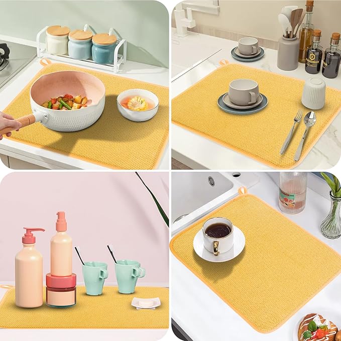 Microfiber Dish Drying Mat, Super Absorbent Kitchen Dish Drying Pad, Reversible for Countertop, 15*20 inch Yellow