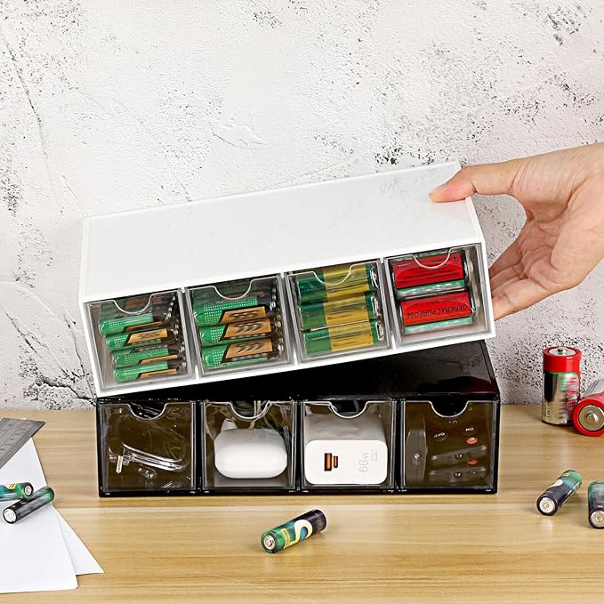 BTSKY 1 Pack Black Acrylic Battery Storage Organizer for AA, AAA, 9V, C Batteries, 4-Drawer Storage Box Battery Holder Organizer for Common Types Batteries, Household Container(Batteries Not Included)