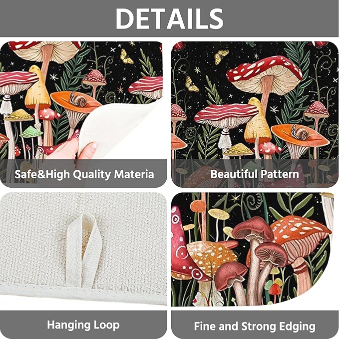 Dish Drying Mat for Kitchen Counter 16x18 Inch, Super Absorbent Dish Drainer Mat, Decorative Microfiber Dishes Drying Pad-Small(Mushroom)