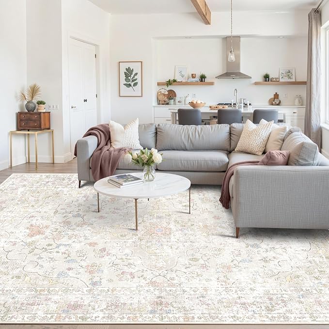 4x6 Area Rugs for Living Room, Bedroom, Small Washable Beige Rugs, Entryway Non Slip Rug, Neutral Floral Vintage Boho Soft Indoor Carpet for Nursery, Bathroom, Office