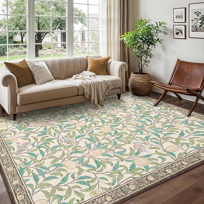 GarveeHome 8x10 Area Rugs for Living Room, Boho Leaf Rugs for Bedroom with Soft Low Pile, Non Slip Botanical Bird Large Washable Rug 8x10 for Dining Room Stain Resistant Beige Throw Rug