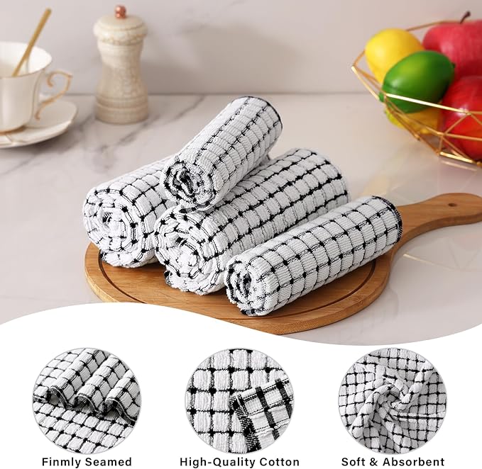 Homaxy Kitchen Towels and Dishcloths Set, 16 x 25 and 12 x 12 Inches, Set of 12 Cotton Terry Kitchen Dish Towels, Super Soft and Absorbent Dish Cloths, Black