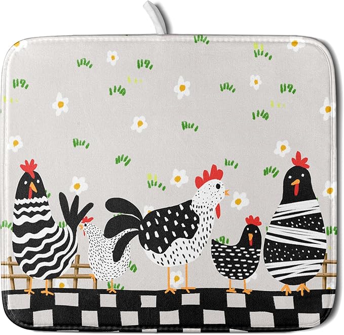 Black Rooster Dish Drying Mat for Countertop 16x18 Inches Buffalo Plaid Microfiber Drainer Rack Pads Fast Dry Dishes Mats Kitchen Accessories