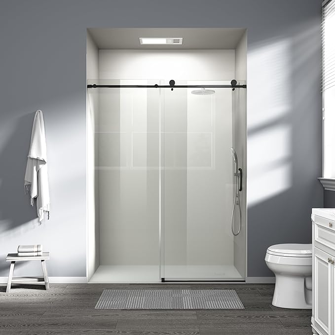 Abruzzo 76" Tall Frameless Single Sliding Shower Door - Adjustable 56" to 60" Width, 1/4" (6mm) Tempered Glass with Safety Film, Matte Black Finish for Walk-in Showers, Space Saving Design
