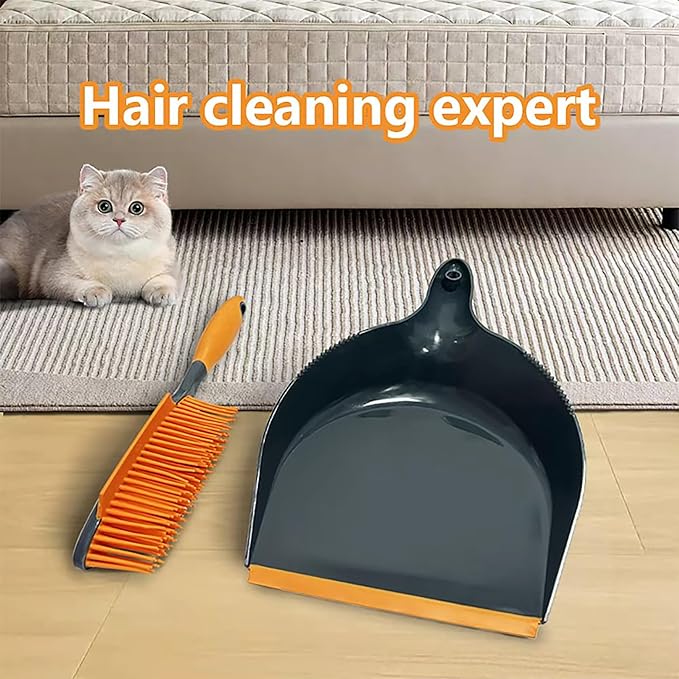 Pet Hair Removal Set with Double-Sided Carpet Brush, Dustpan and Comb, Professional Cleaning Tools for Carpet, Sofa, Car Mat, Orange and Grey, 4 Pieces