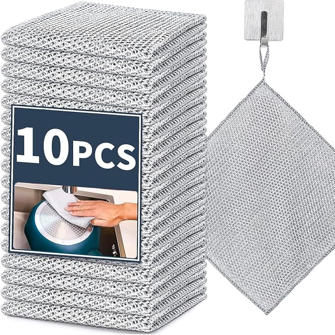 Reusable Non Scratch Wire Dishcloth, 10pcs Steel Wire Cloths, Double-Layer Stainless Rag, Kitchen Cleaning Cloths, Suitable for Sinks, Boilers, Ovens, and Tableware.