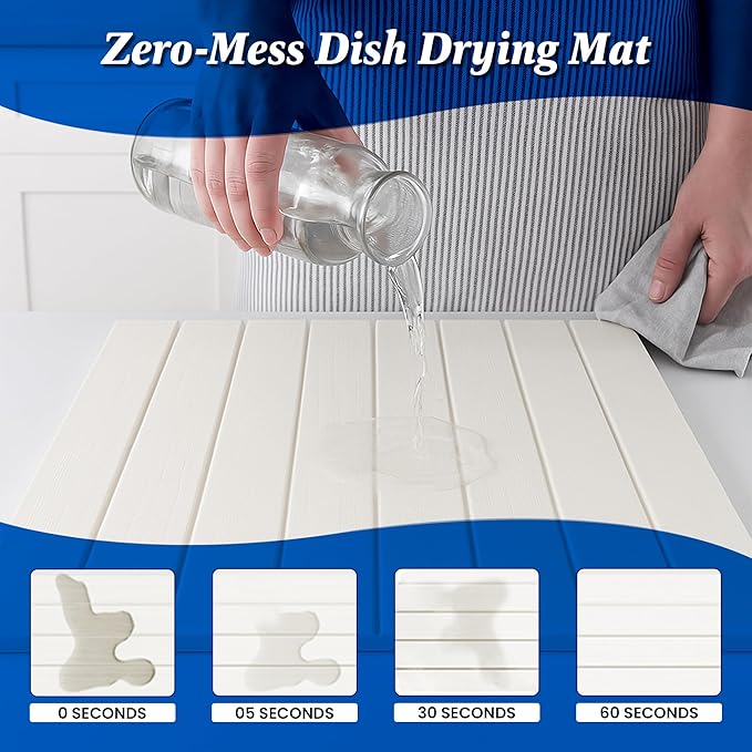 Large Stone Dish Drying Mat for Kitchen Counter, Instant Drying Pad, Super Absorbent Foldable Dish Drying Mat, 24"×16", White