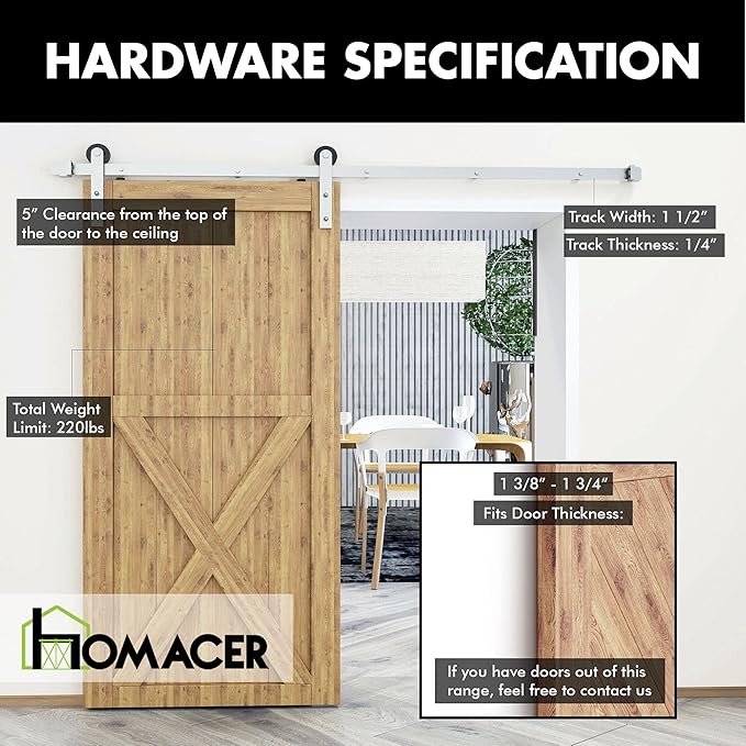Homacer Brushed Nickel Non-Bypass Sliding Barn Door Hardware Kit, for One/Single Door, 4ft Long Flat Track, Straight Design Roller, Heavy Duty, for Interior Use Only（Doors Not Included）