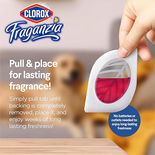 Clorox Fraganzia Small Rooms Air Freshener, Cherry Burst Scent - Peel & Place Air Freshener, No-Plug, Battery-Free for Closets, Laundry Room, Entry Way, Bathroom, Locker, 0.25 Fl Oz Each, 24 Count