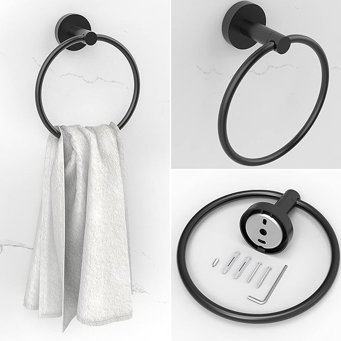 6 PCS Bathroom Hardware Set, Including 16" Hand Towel Bar, Toilet Paper Holder, Towel Ring, Robe Towel Hooks, Bathroom Accessories Kit(Matte Black)