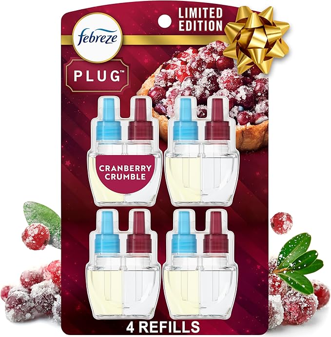 Febreze Plug-In Air Freshener, Odor-Fighting Scented Oil Refill for Home, Bathroom & Kitchen, Holiday Cranberry Crumble Scent, 0.87 oz Refills, 4 Count