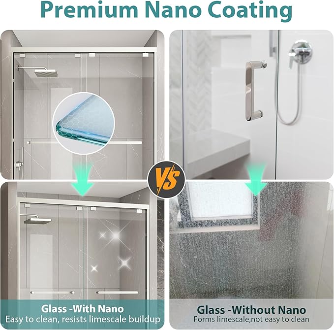 KPUY Glass Shower Door, 55-60" W x 76" H Semi-Frameless Double Sliding Shower Door, 1/4" (6mm) Thick Tempered Clear Glass with Explosion-Proof Film Nano Coating, Brushed Nickel