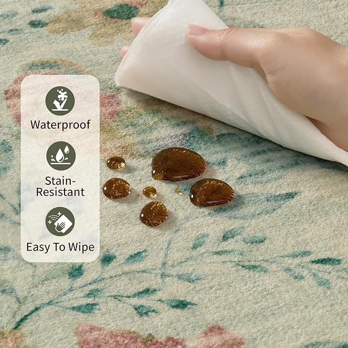 Floral Rug for Living Room Bedroom, 8x10 Washable Rug, Green Vintage Boho Area Rug, Large Non Slip Low Pile Wool Carpet for Indoor Dining Room,Girls Room,Nursery Room and Kids Room(Green 8x10)