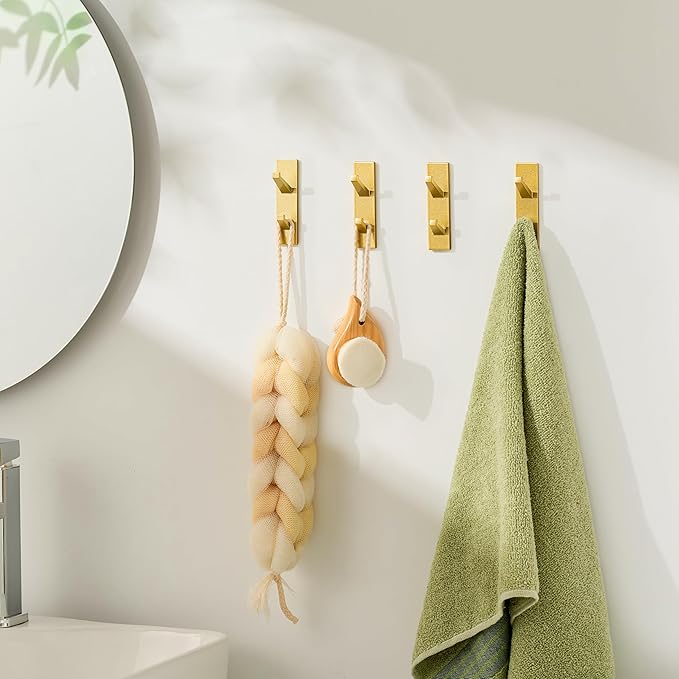 Gold Wall Hooks for Coat Towel: 13LB Adhesive Door Hanger Stick on, 4 Pack