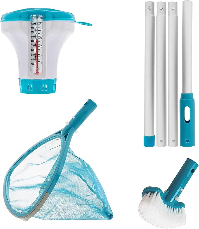 U.S. Pool Supply Professional Heavy Duty Spa, Hot Tub, Pond Cleaning & Maintenance Set - Small Skimmer Net, Deep Fine Mesh Netting, Spa Scrubbing Brush, 4 Ft Pole, Floating Chlorine Chemical Dispenser