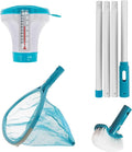 U.S. Pool Supply Professional Heavy Duty Spa, Hot Tub, Pond Cleaning & Maintenance Set - Small Skimmer Net, Deep Fine Mesh Netting, Spa Scrubbing Brush, 4 Ft Pole, Floating Chlorine Chemical Dispenser
