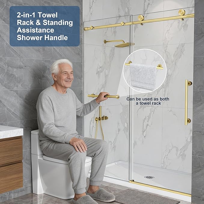 Frameless Shower Door,5/16" (8mm) Glass Sliding Shower Door with Soft-Close & Anti-Leak,Nano Coating Anti-Explosion Film SGCC Tempered Glass 49"-54" X 76"H,Brushed Gold