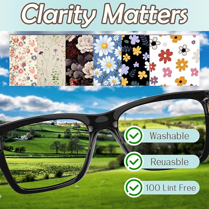 6 PCS Glasses Cleaning Cloth Eyeglass Lens Microfiber Cleaning Cloth Reusable Phone Screens Camera Cute Aesthetic Women Girls(6.3"x6.3")-Flowers