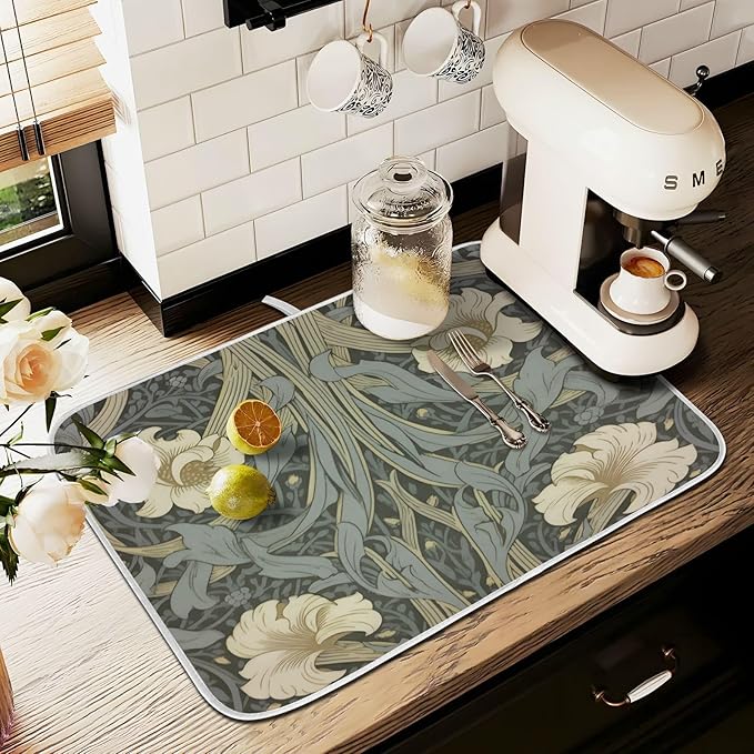 William Morris Flowers Print Dish Drying Mat for Kitchen Counter Absorbent Microfiber Small Drying Pad Dish mats for Kitchen Countertops 16 x 18 Inch