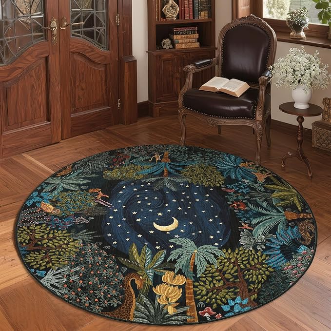 GarveeHome Round Area Rugs 5ft for Bedroom, Green Jungle Washable Circle Rug Soft Non Slip Forest Animal Print Floor Mat Tiger Carpet Indoor Thin Rug for Kids Room Dining Room Playroom Nursery