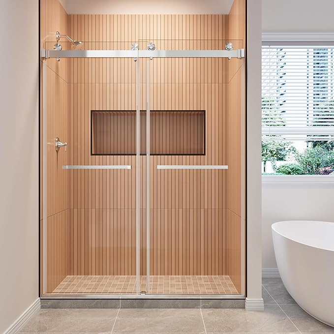 68-73" W x 80" H Frameless Shower Door, Double Sliding Glass Shower Door with 3/8" (10mm) SGCC Tempered Glass, Dual 304 Stainless Towel Bars Bathroom Shower Glass Door (Brushed Nickel)