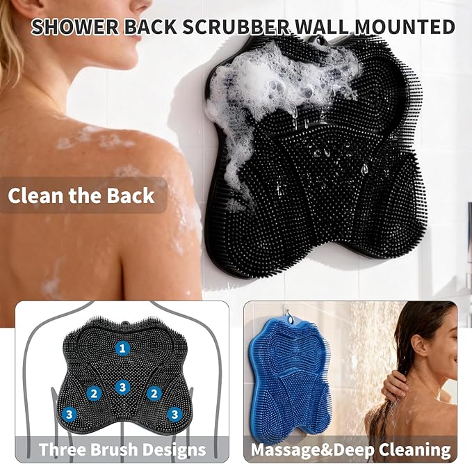 Show Foot Scrubber Mat & Silicone Back Scrubber with Butterfly Form Design,3 Brush Designs for Deep Cleaning Shower Foot Scrubber Mat, Wall Mounted Back Scrubber Silicone Bath (Black)