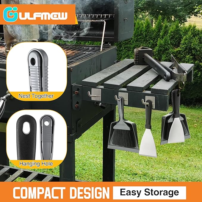 3 Piece Pellet Grill Ash Cleaning Kit, Includes Large Dust Pan, Soft Bristle Brush and Metal Scraper for Easy Removal of Ash, Debris and Grime
