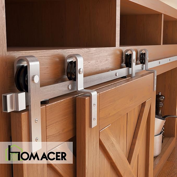 Homacer Mini Brushed Nickel Single Track Bypass Sliding Barn Door Hardware Kit, for Three Doors, 108-inch Long Flat Track, Straight Design Roller, Cabinet TV Stand Console Use…